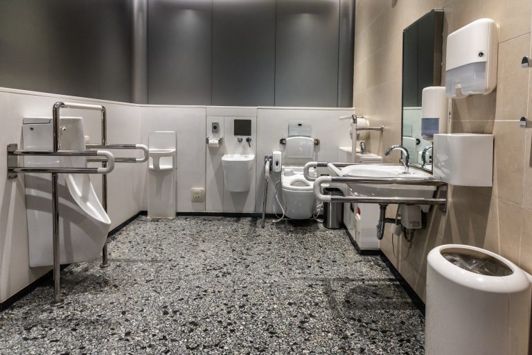 Comprehensive generic disability friendly restroom toilet sanitary with hand rails, bars and aids.