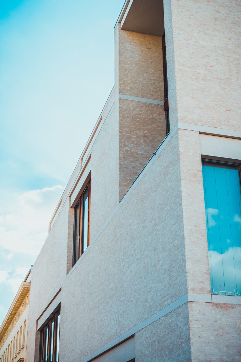 corner of modern building with brick walls