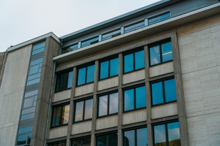 old office building with blue clean