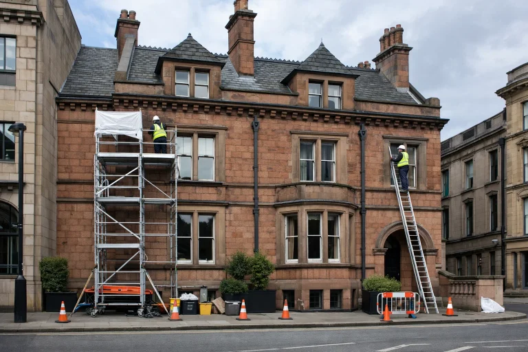 UK building in active use with discreet external repair work taking place, minimal disruption