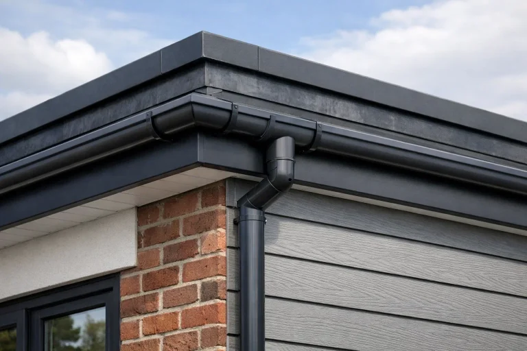 a UK building envelope showing durable roofline, parapet, guttering, masonry or cladding details designed for long-term weather resistance