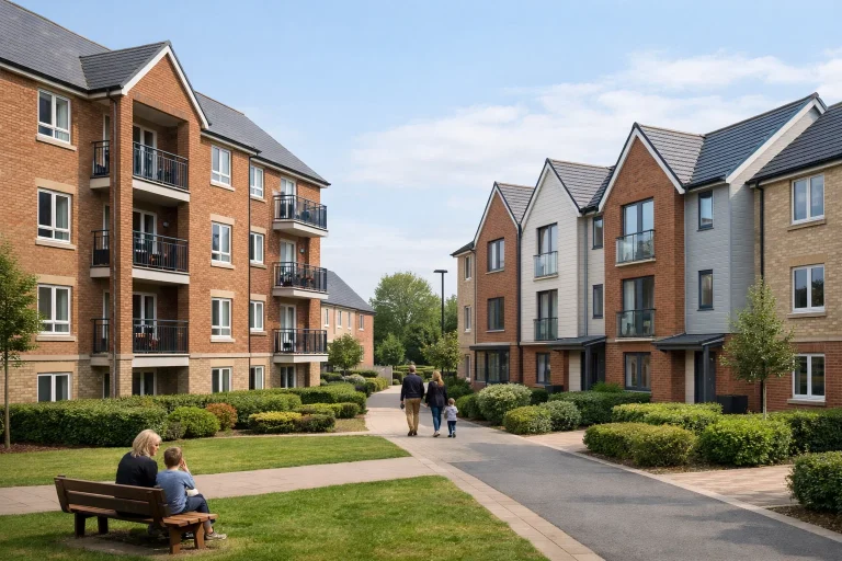 exterior of UK social housing or managed residential buildings