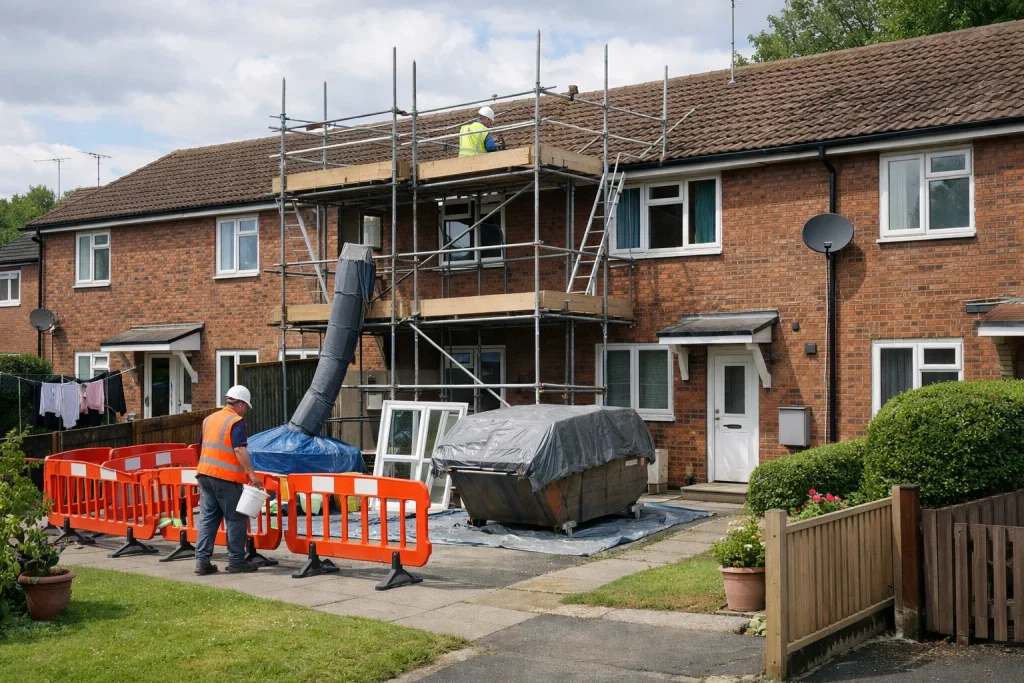 exterior of occupied UK social housing with carefully managed maintenance or refurbishment works taking place, minimal disruption, respectful and tidy environment