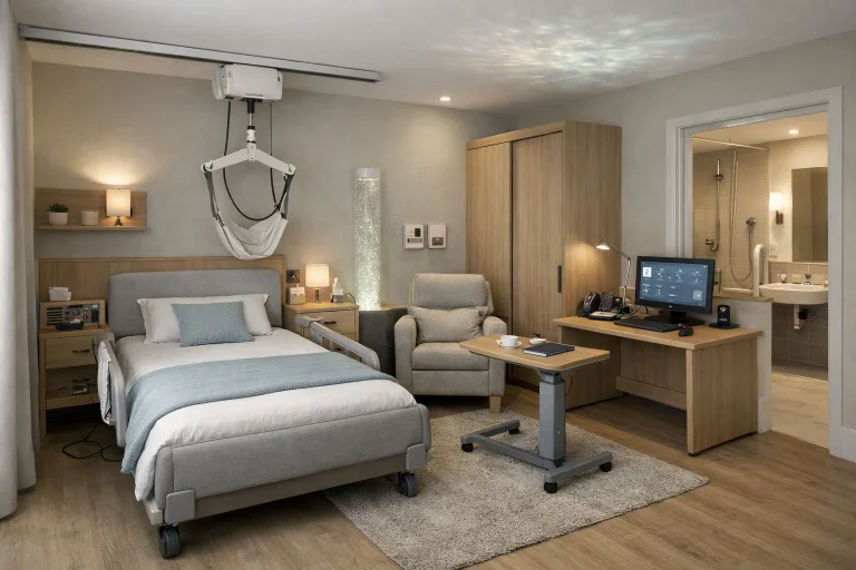 interior of a UK adapted room with assistive features, calm sensory-aware design, integrated accessibility controls or support systems, practical and dignified environment