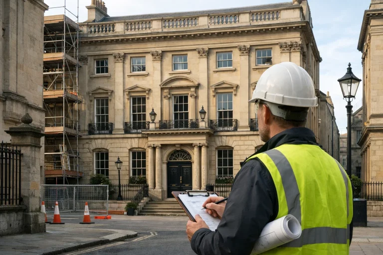 a surveyor reviewing a listed UK heritage building from the street